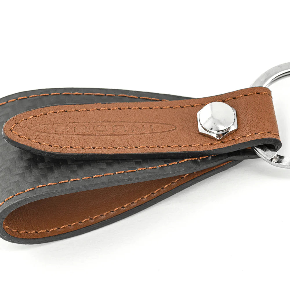 Pagani Automobili Leather key ring with carbon fiber inserts kit | Aznom - Brown