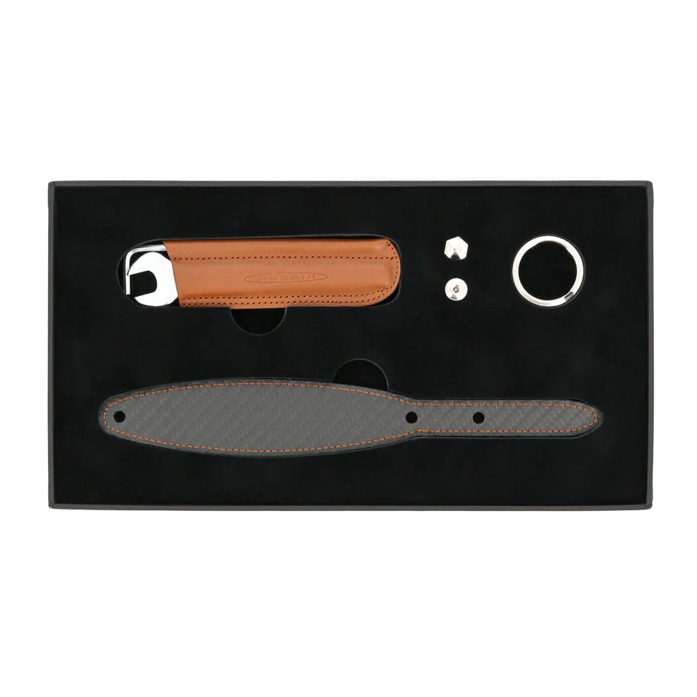Pagani Automobili Leather key ring with carbon fiber inserts kit | Aznom - Brown